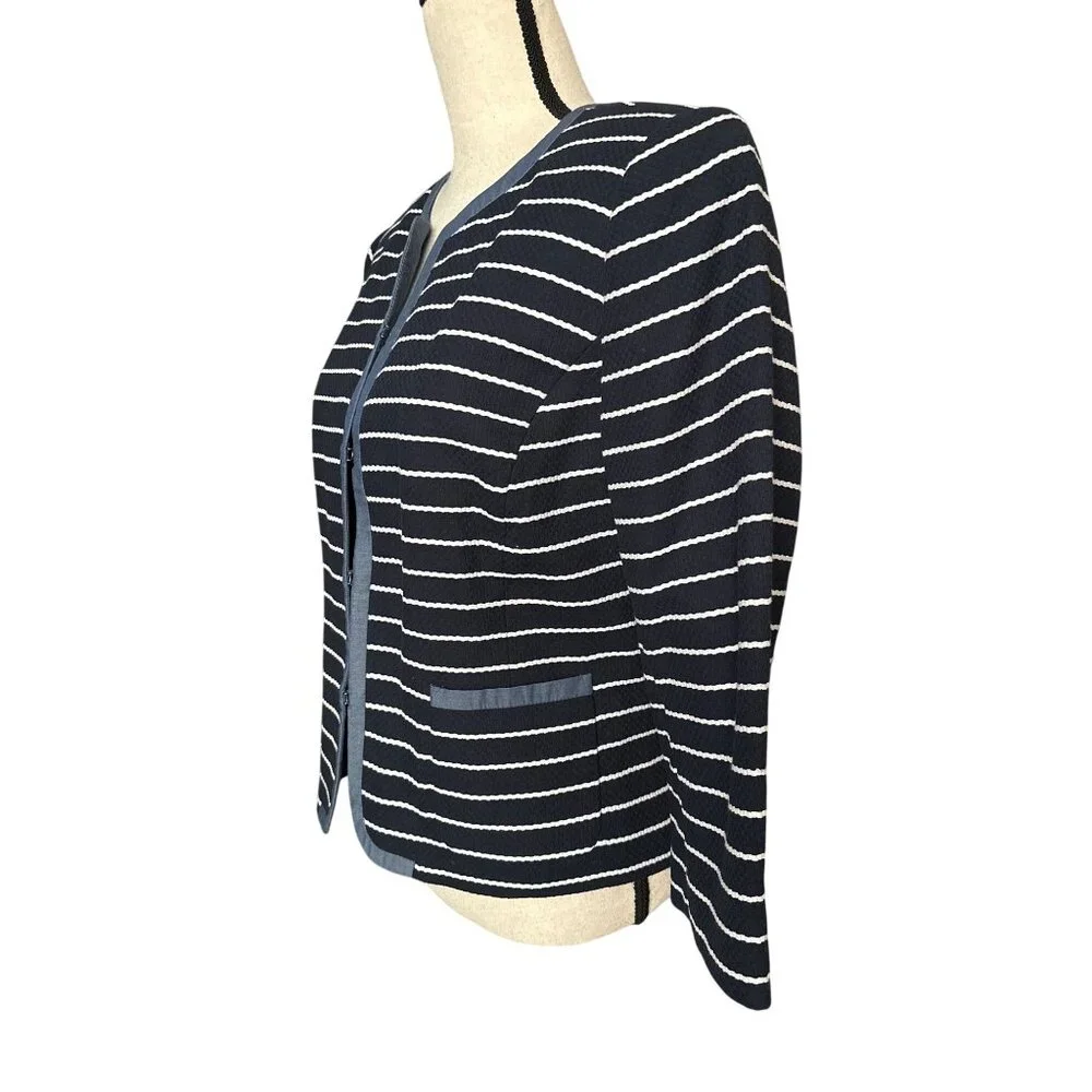 NWT Talbots Navy White Striped Blazer Eye Hook Front Close Cotton Jacket Size 12